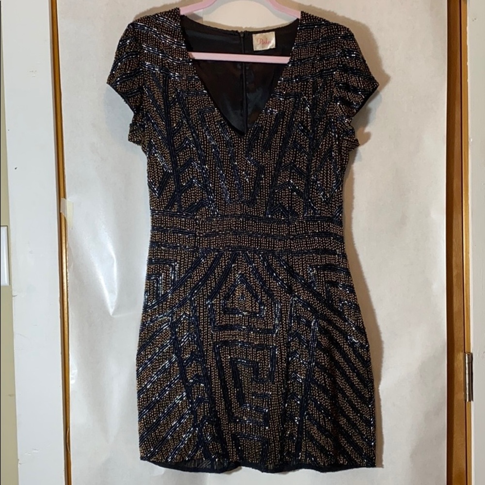 Parker navy gold beaded cocktail party dress